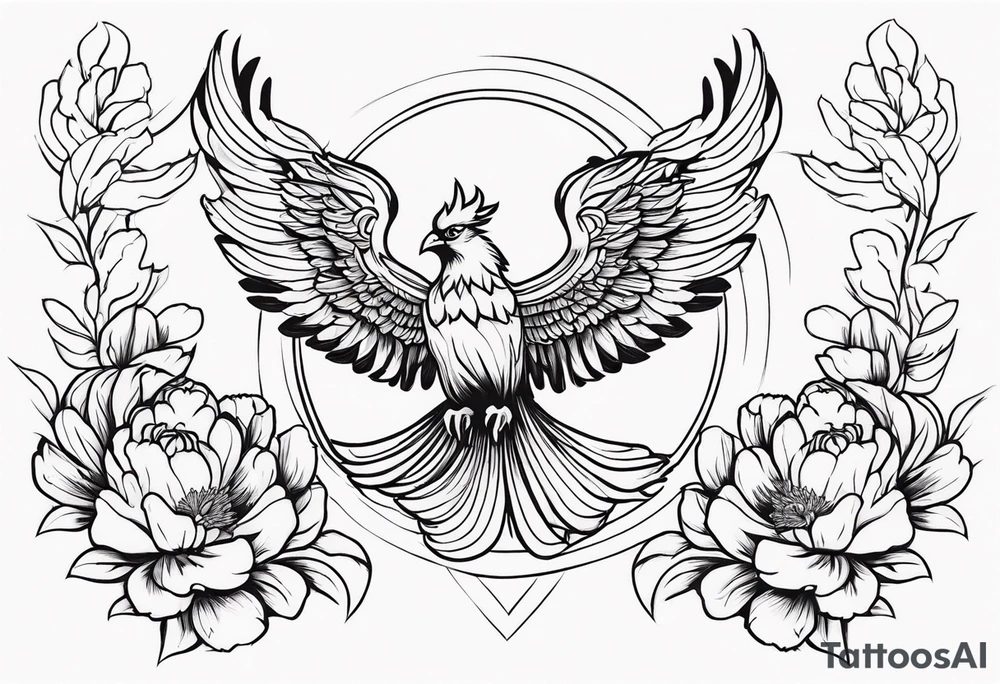 minimalist pheonix with peonies tattoo idea