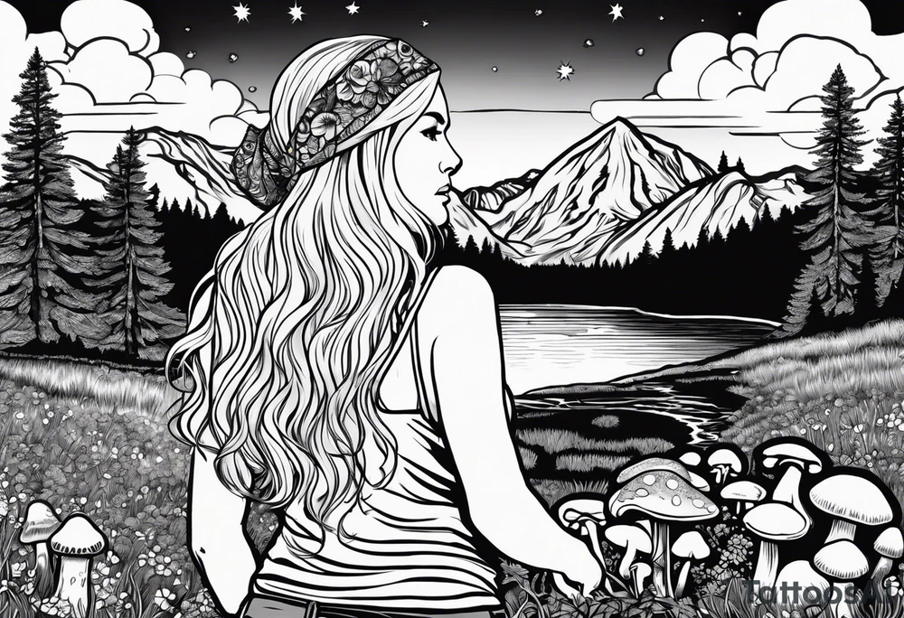Whole picture encircled fully

Straight long blonde hair hippie girl in distance holding mushrooms in hand facing away toward mountains and creek surrounded by mushrooms long sleeve shirt and hiking pants; whole rendering within a full circle, no cut off circle tattoo idea