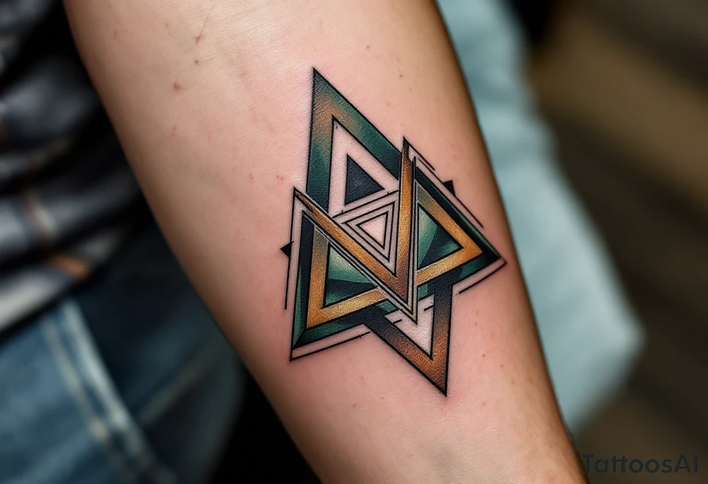 Libor written in strong, clean letters, surrounded by geometric triangles in shades of forest green and earthy brown. tattoo idea