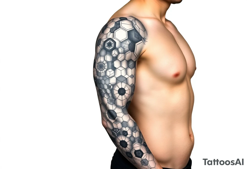 design a full “sleeve” tattoo that consists of a base layer of abstract hexagon pattern overlaid with a little blackwork abstract while incorporating the top tattoo and integrating slight biomech designs tattoo idea