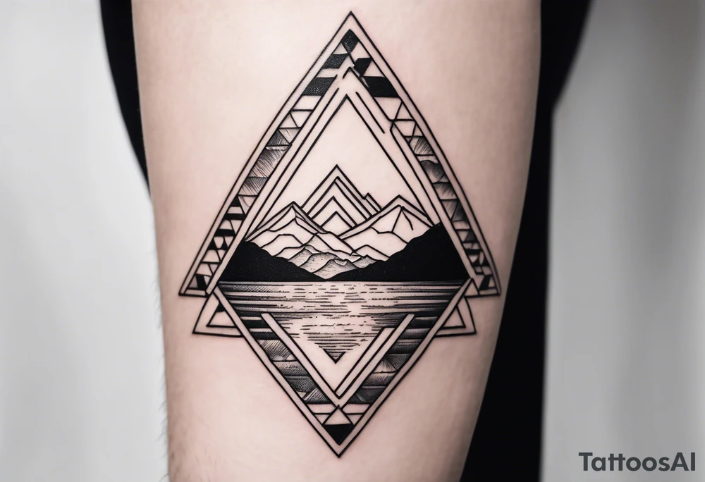 A simple tattoo with mountains and sun in fine line triangles with quote Memento Vivere written on tattoo tattoo idea