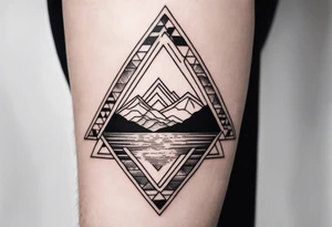 A simple tattoo with mountains and sun in fine line triangles with quote Memento Vivere written on tattoo tattoo idea