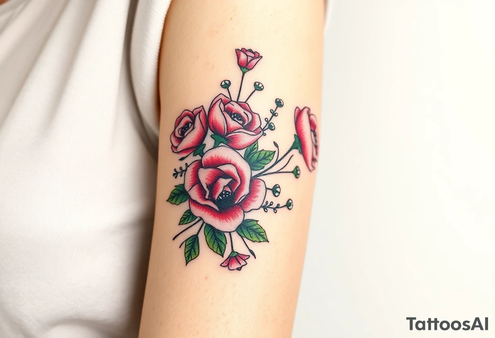 vintage bouquet of wild roses and meadow flowers with morning dew tattoo idea