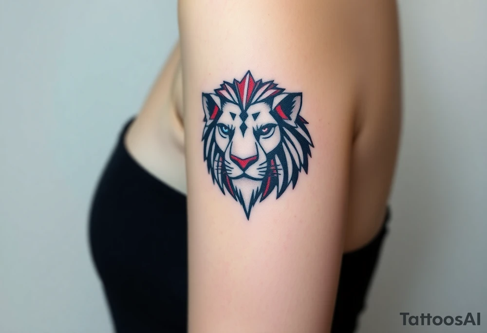 A geometric Czech lion head, designed with sharp, modern lines and accented with red, white, and blue. tattoo idea