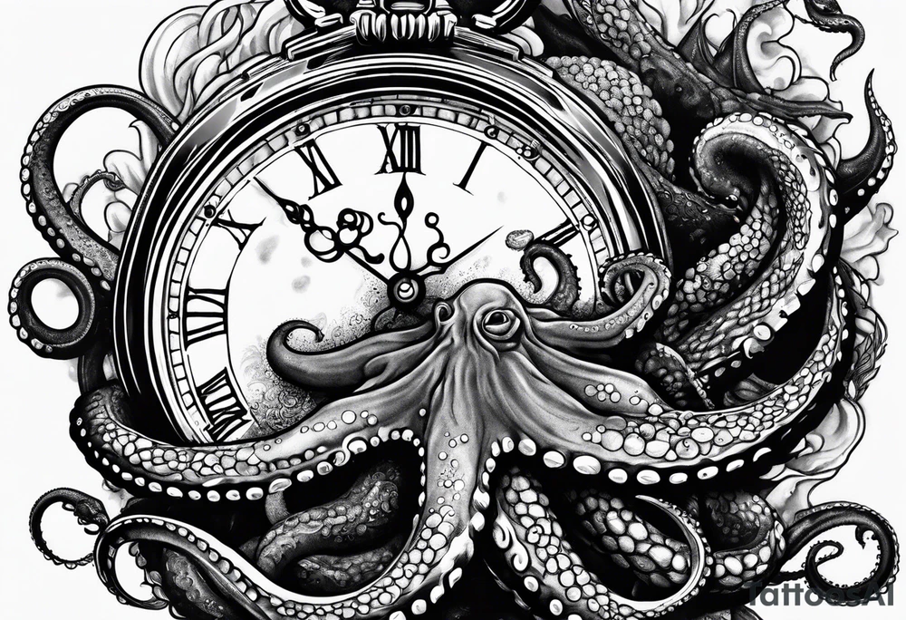 pocket watch being attacked by an aggressive octopus tattoo idea