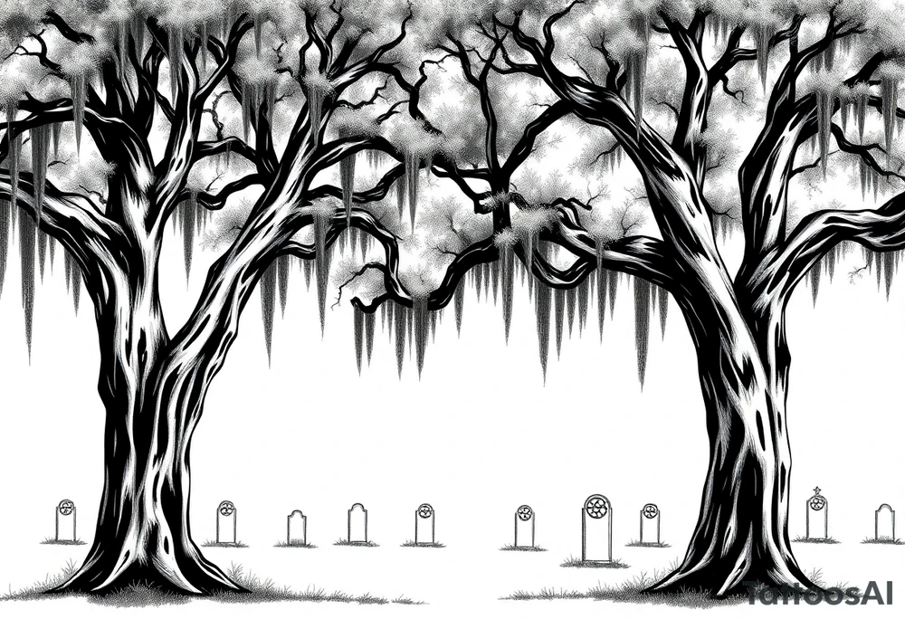 Oak trees with Spanish moss in a cemetery tattoo idea