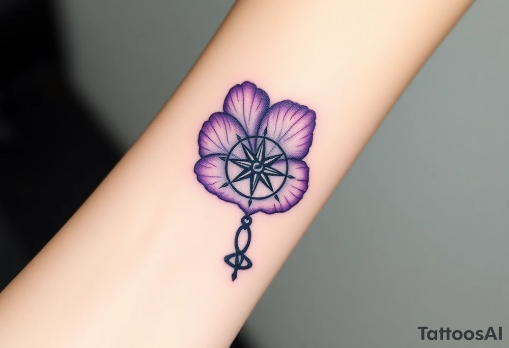 A single Violet with detailed compass at its center representing feminine power and an ankh or Celtic knot tattoo idea