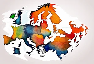 Map us to europe with tiny jet plane showing intercontinental flight path. Watercolor with spilled watercolor look abstract tattoo idea