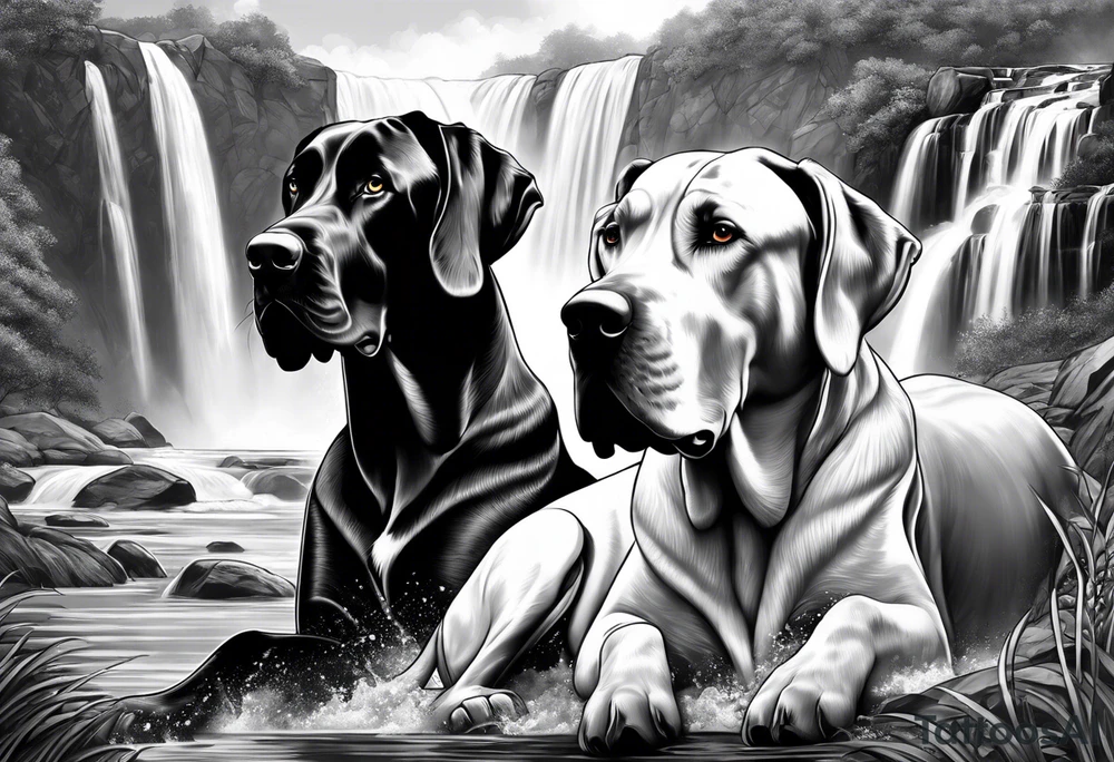 Full arm sleeve. Four Great Danes together exploring waterfall tattoo idea