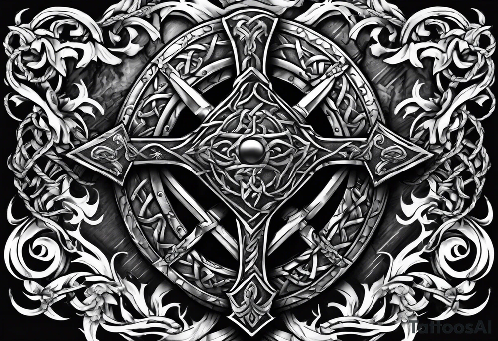Valhalla sword shield axe barbed wire chains dark cloud tattoo idea