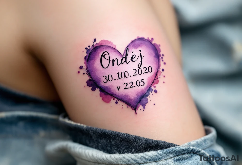 Watercolor heart in soft purple wrapping around "Ondřej – 30.10.2020 v 22:05" in type font. tattoo idea