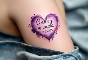 Watercolor heart in soft purple wrapping around "Ondřej – 30.10.2020 v 22:05" in type font. tattoo idea