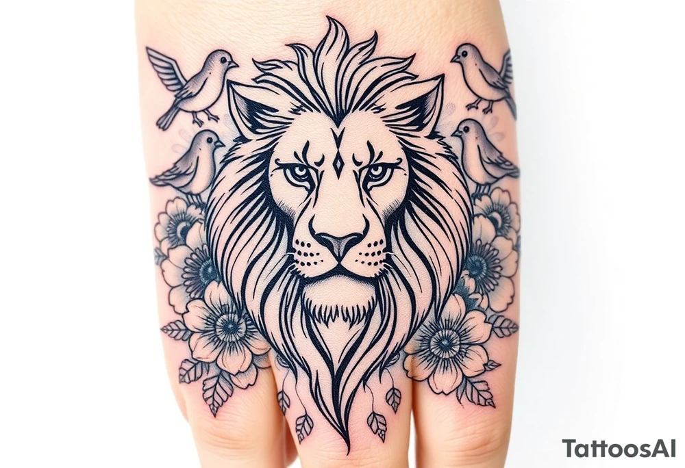 powerful majestic lion with a crown, surrounded by floral ornaments and birds tattoo idea