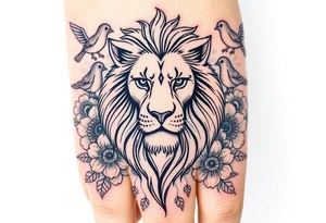 powerful majestic lion with a crown, surrounded by floral ornaments and birds tattoo idea