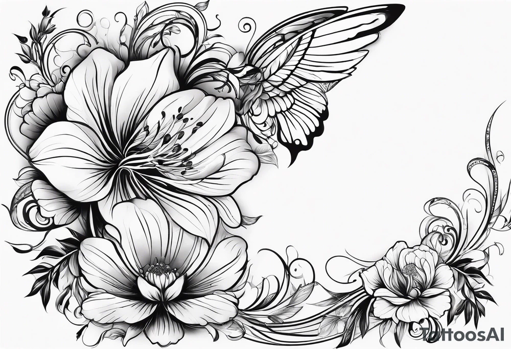 flowers swirls wings tattoo idea