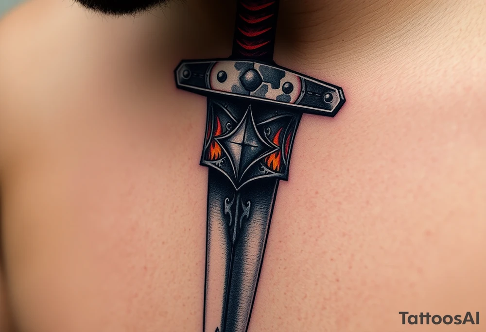 A close-up of a Templar gauntlet gripping a broadsword, with the blade reflecting flames and shadows, symbolizing power and devotion tattoo idea