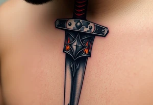A close-up of a Templar gauntlet gripping a broadsword, with the blade reflecting flames and shadows, symbolizing power and devotion tattoo idea
