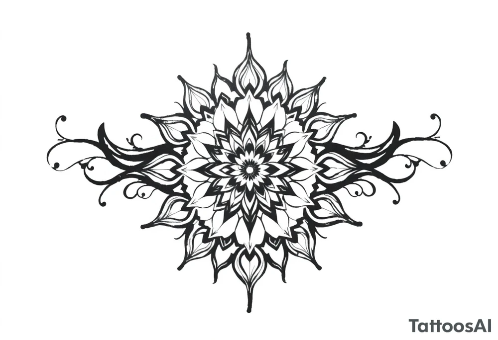 Mandala center with flowing black lines extending outward, blackwork tattoo design, spiritual energy, curved shapes, symmetrical but flowing, designed for sleeve expansion, -- no color, no text, minimal background, ink-style shading, centered, high-resolution, symmetrical or dynamic layout, tattoo-ready tattoo idea