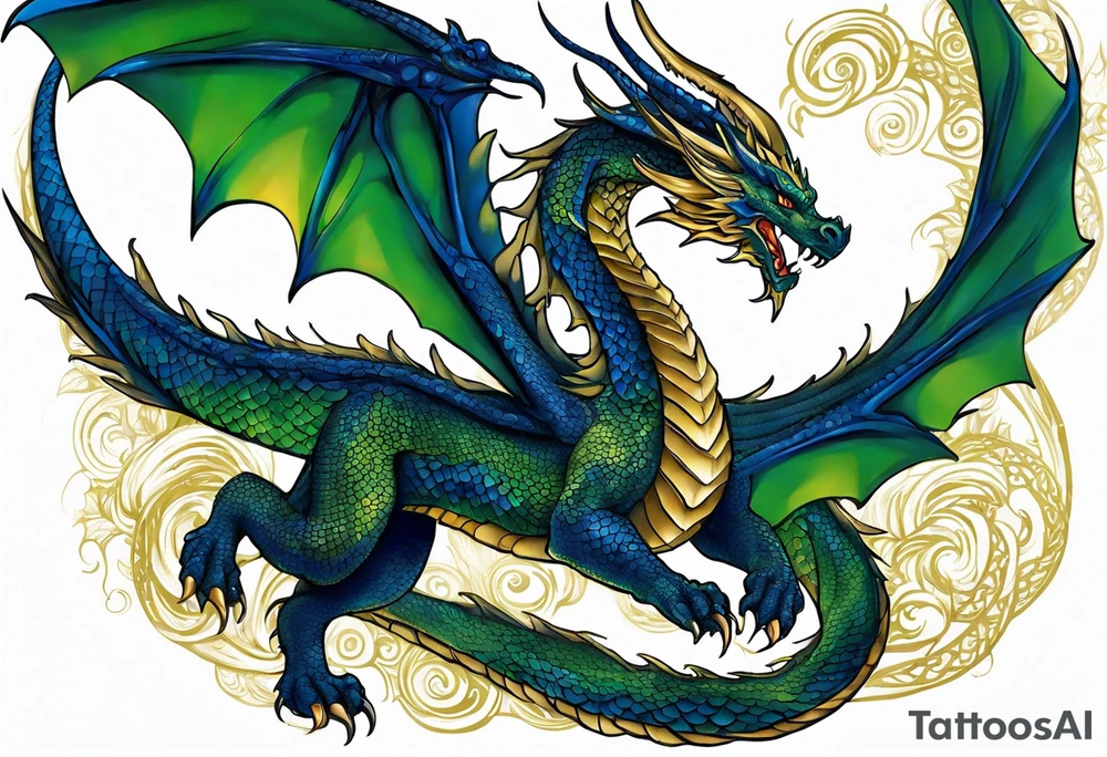 An epic with no wings floating. Its body coiling dynamically, with scales and horns detailed to create a sense of movement and strength. The dragon's main color is dark blue but features accents in green, blue, and gold, giving a vibrant depth and a mystical aura. This tattoo highlights the dragon’s fierce expression and sharp claws as it wraps protectively around the leg. Style: Realism tattoo idea
