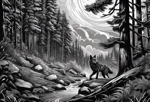 Powerful storm raging through forest with an alpha wolf snarling tattoo idea