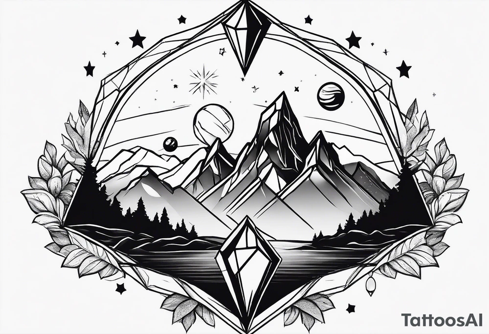 Mountains in a diamond with planets and stars in the background outside the shape tattoo idea