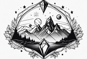 Mountains in a diamond with planets and stars in the background outside the shape tattoo idea