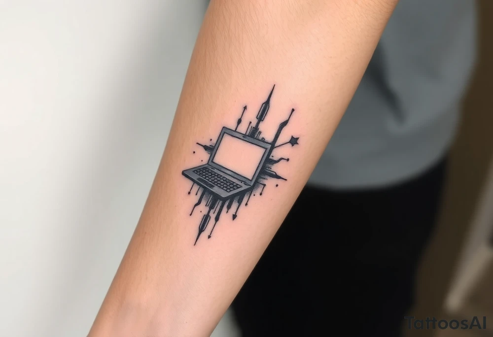 Tattoo for the top side of the forearm, black and gray, flash, hacker computer tech tattoo idea