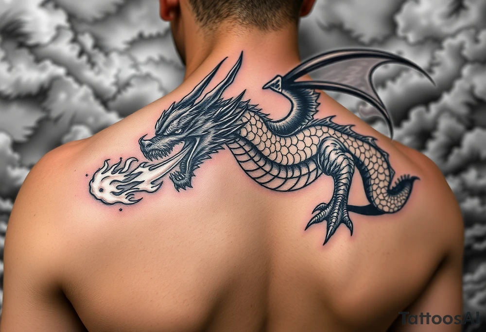 fierce dragon breathing iridescent fire against stormy skies tattoo idea