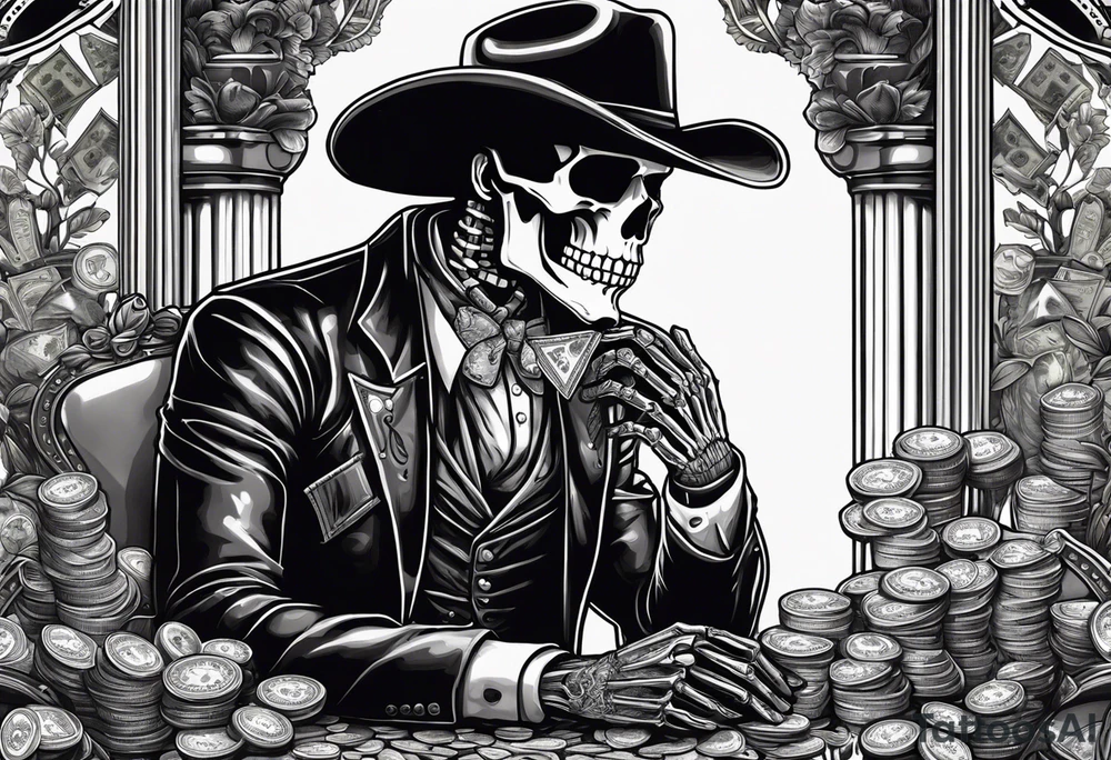 Skeleton in fancy suit, with cowboy hat, sitting at the table, holding poker tokens, lots of cash, large columns in background tattoo idea tattoo idea