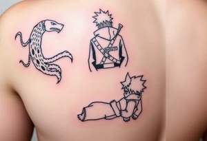 Naruto's Kyubi in the upper part of the arm next to Kushina, in the middle part to Minato with the Parka and in the lower part to newborn Naruto, in an anime style and like a manga tattoo idea