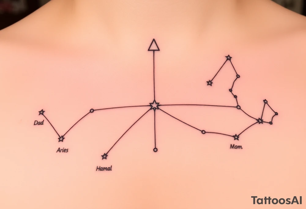The tattoo idea is a personalized family constellation where each star represents a family member, showing how everyone is connected even across different branches. At the center, you (Sagittarius, Kaus Australis) and your older brother (Aries, Hamal) stand as the link between both sides. On the left, your dad (Capricorn, Deneb Algedi) and your half-brother on his side (Scorpio, Antares) form a shape like an arrow pointing toward the center, symbolizing strength and direction. On the right, your mom (Libra, Zubenelgenubi), your half-brother (Gemini, Castor), and your half-sister (Cancer, Tarf) create a balance-like shape representing harmony and protection. Thin lines connect the stars to form a single constellation, with you and your older brother as the central stars joining both worlds. The design could include just the stars, their names, zodiac symbols, or coordinates in a fine-line, black-ink style, expressing balance, connection, and the eternal bond uniting every member of your family. tattoo idea