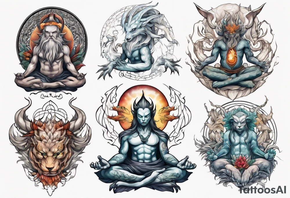 Mythical creatures with meditating tattoo idea