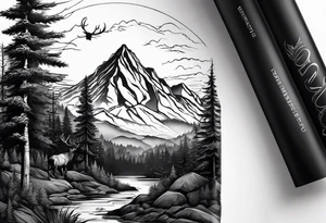 Arm sleeve with a mountain, forest and elk tattoo idea