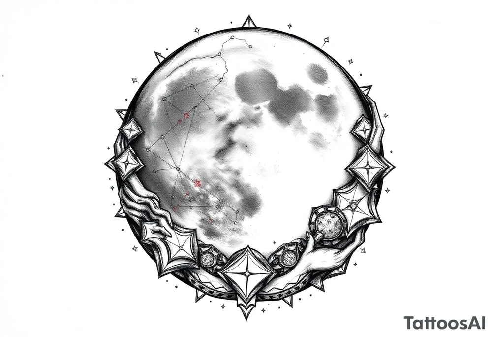 celestial moon and moonlight 
embrace with constellation patterns tattoo idea