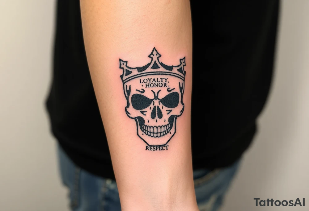 Skull with Kings crown with saying "Loyalty, Honor ,Respect." tattoo idea