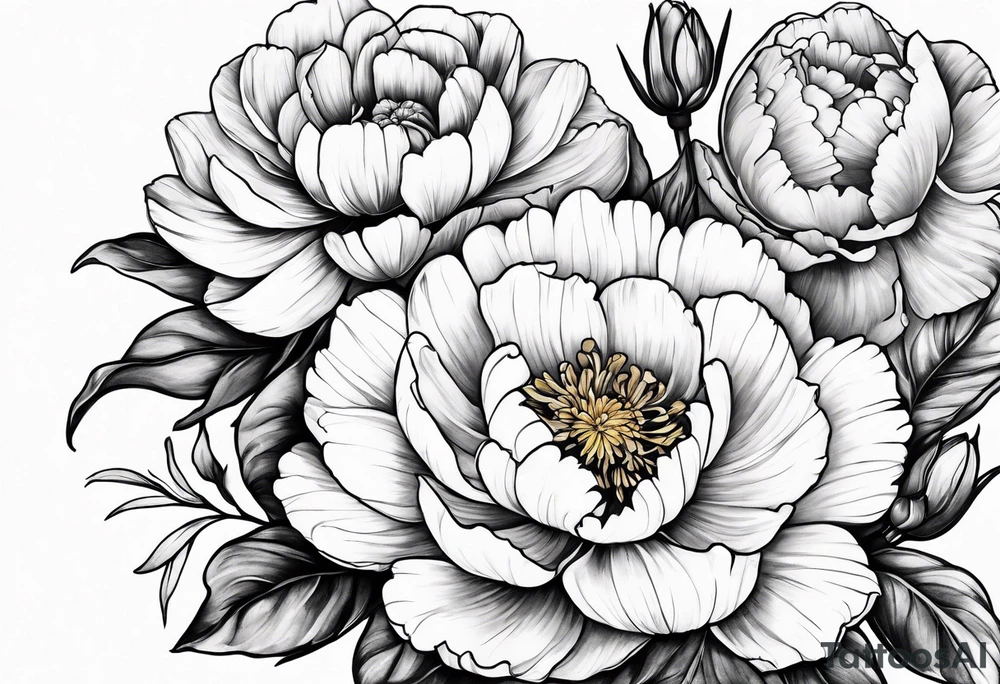 marigold, peony, and narcissus laying side by side tattoo idea