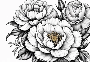 marigold, peony, and narcissus laying side by side tattoo idea