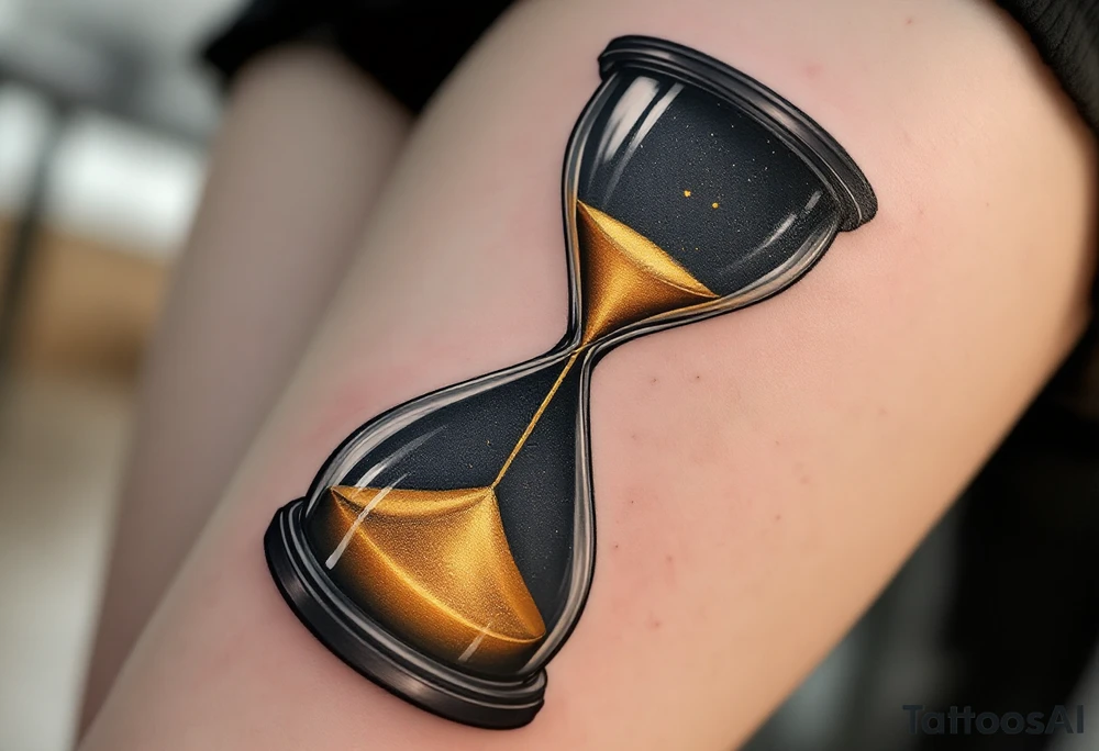 A realistic hourglass with golden sand, mid-pour, with reflections in warm gold and deep black, symbolizing love’s timeless nature. tattoo idea