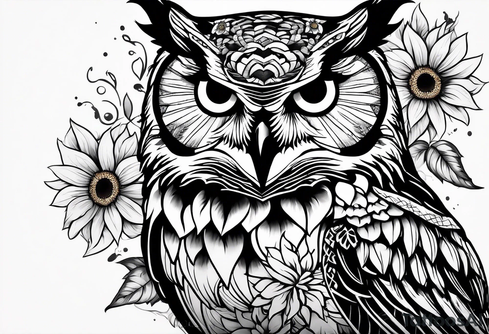 Arm sleeve with colorful sunflowers and an owl tattoo idea