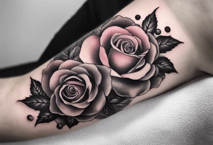 memorial forearm tattoo incorporating roses, a breast cancer ribbon and a cardinal into the tattoo tattoo idea