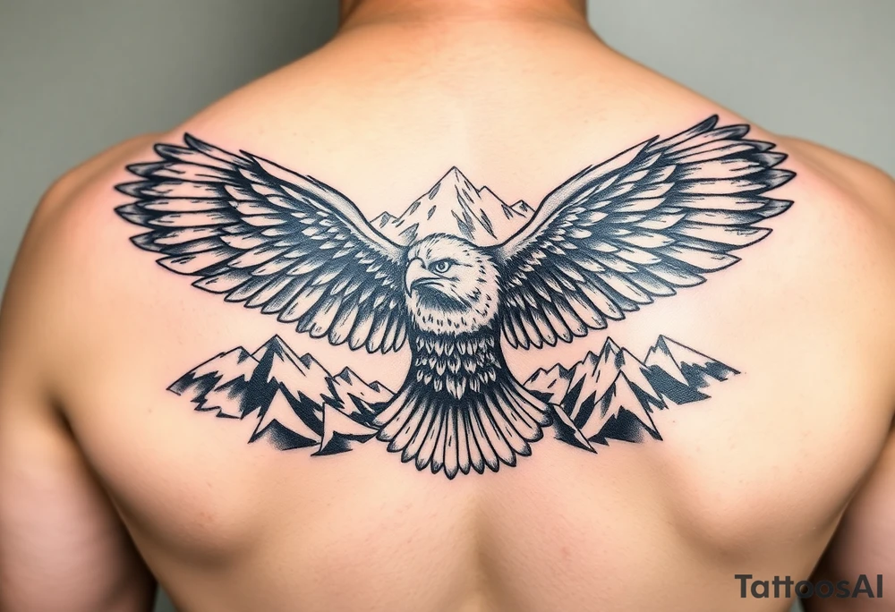 majestic eagle spreading wings against mountain peaks tattoo idea