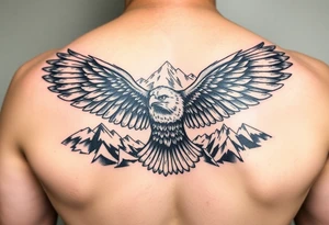 majestic eagle spreading wings against mountain peaks tattoo idea
