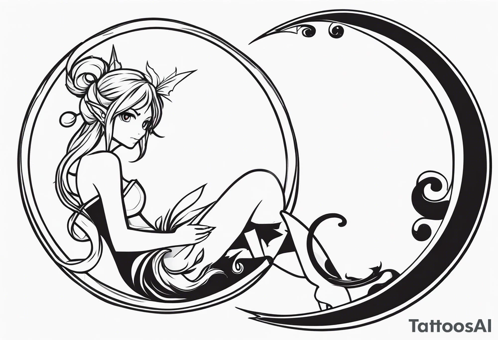 A fairy with a tail inspired by the logo of the show called Fairy Tail in a fetal position leaning in tattoo idea