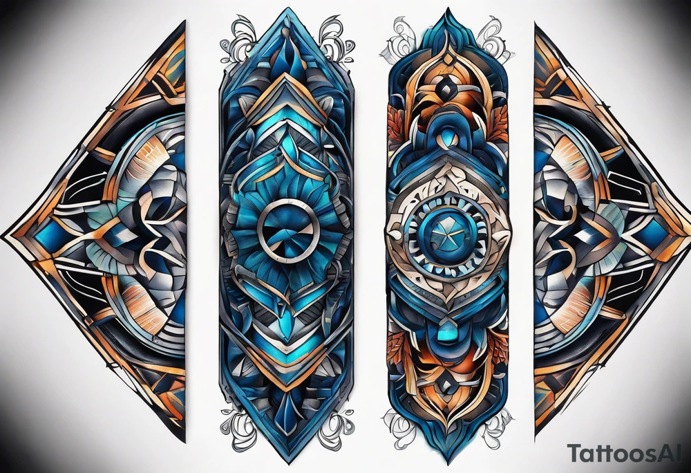 semi Detailed neo traditional knee tattoo flat on paper. The tattoo features geometric patterns and bold lines, creating a visually striking design with slight tints of deep fall colors. outside the tattoo features deep blues washes and water swirls tattoo idea