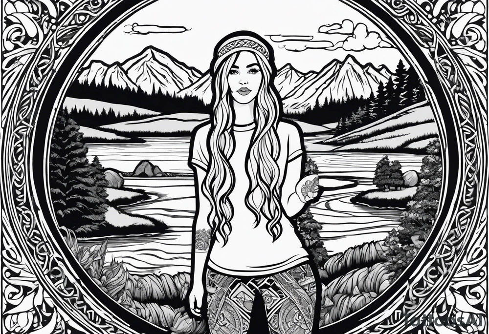 Whole picture encircled fully

Straight long blonde hair hippie girl in distance holding mushrooms in hand facing away toward mountains and creek surrounded by mushrooms long sleeve shirt and hiking pants; whole rendering within a full celtic circle border, no cut off circle tattoo idea