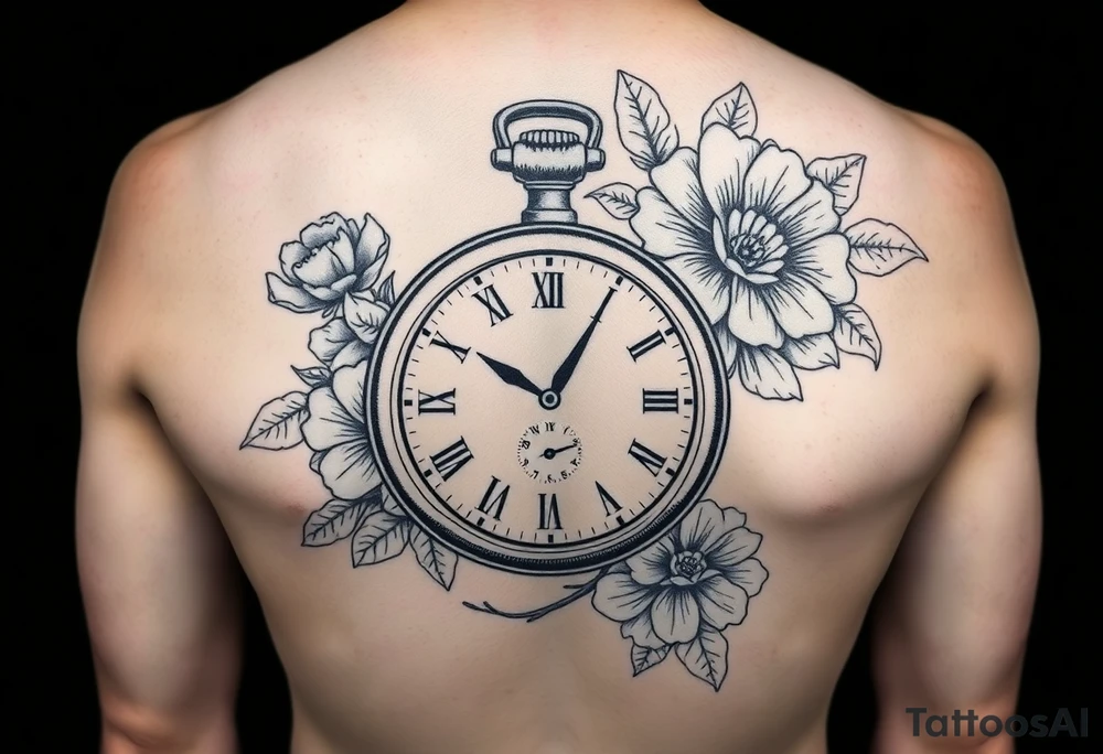 Female full sleeve black and white Mandela floral pocket watch tattoo idea