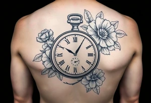 Female full sleeve black and white Mandela floral pocket watch tattoo idea