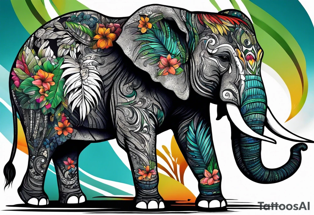 tattooed elephant in the rain forest tattoo idea