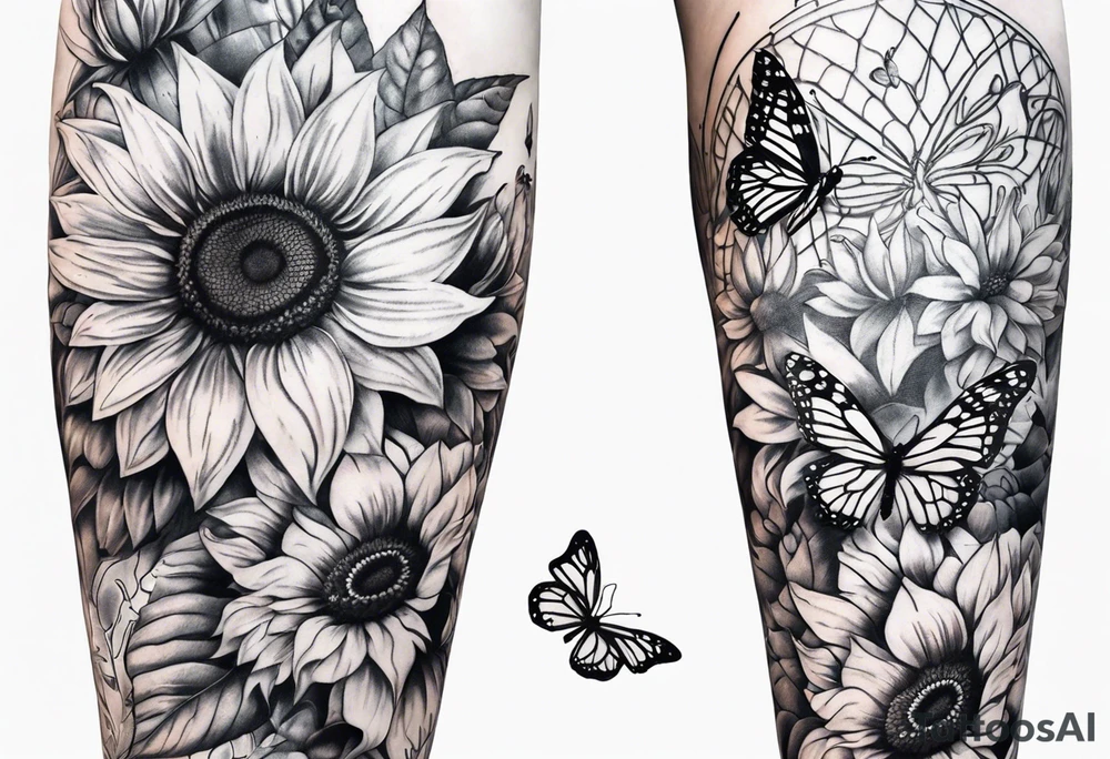 Leg sleeve with sunflowers and butterflies tattoo idea
