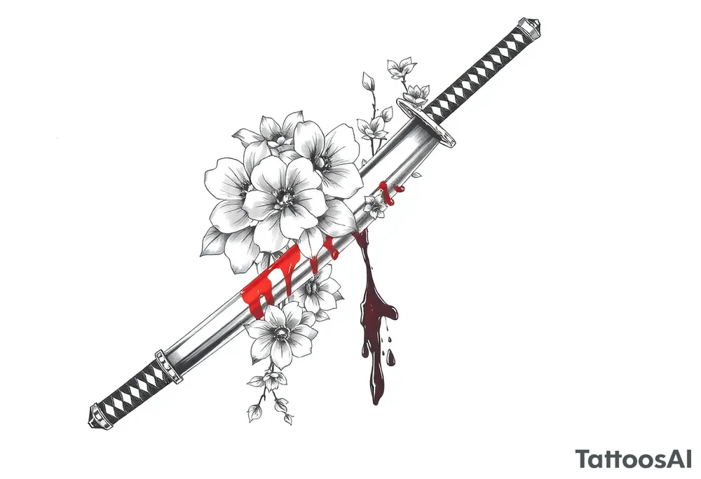 Katana with flowers and blood on the blade tattoo idea